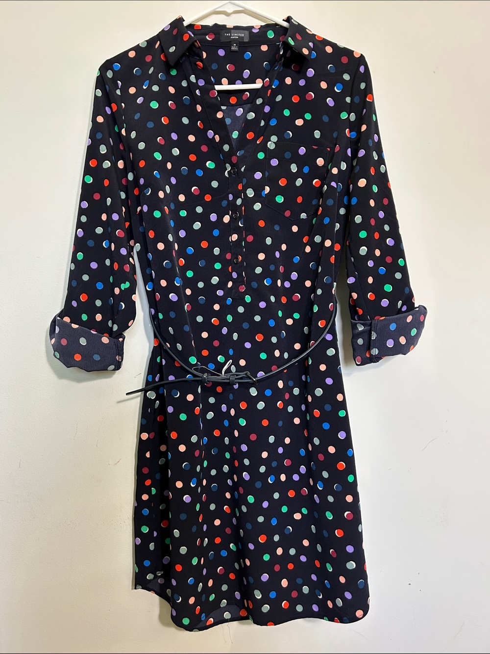 The Limited Black Dress with Multicolor Polka Dots, with Belt, breast pocket.